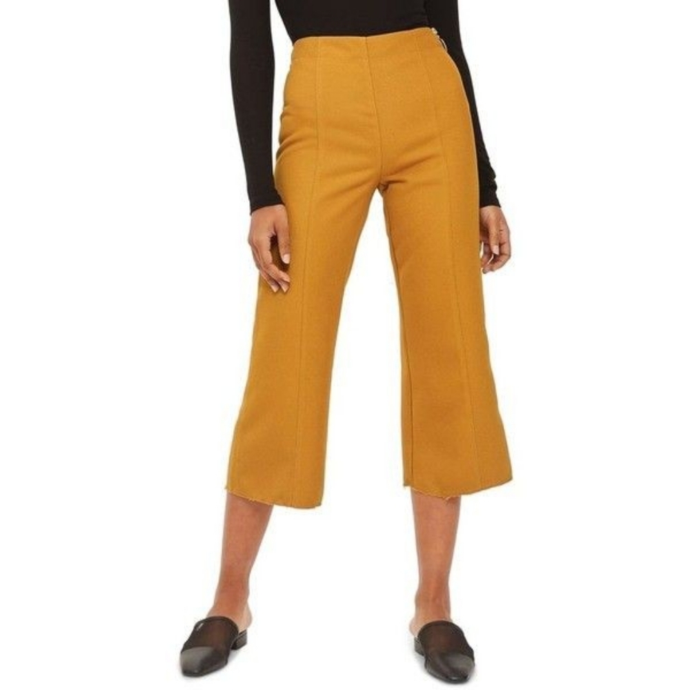 TOPSHOP Mustard Raw Edge Bonded Kick Flare Trousers